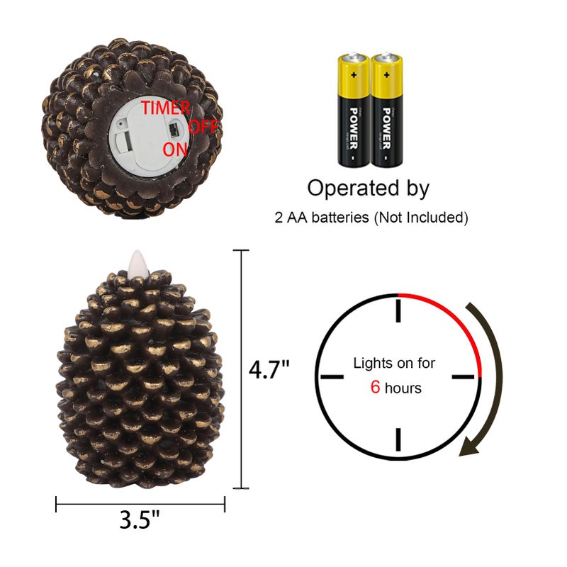 Eldnacele Pine Cone Flameless Candles Battery Operated with 6 Hour Timer Unscented Real Wax Flat Wick Flickering Pinecone LED Candles Christmas Home Holiday Decoration(2 Pack Brown) - Image 2